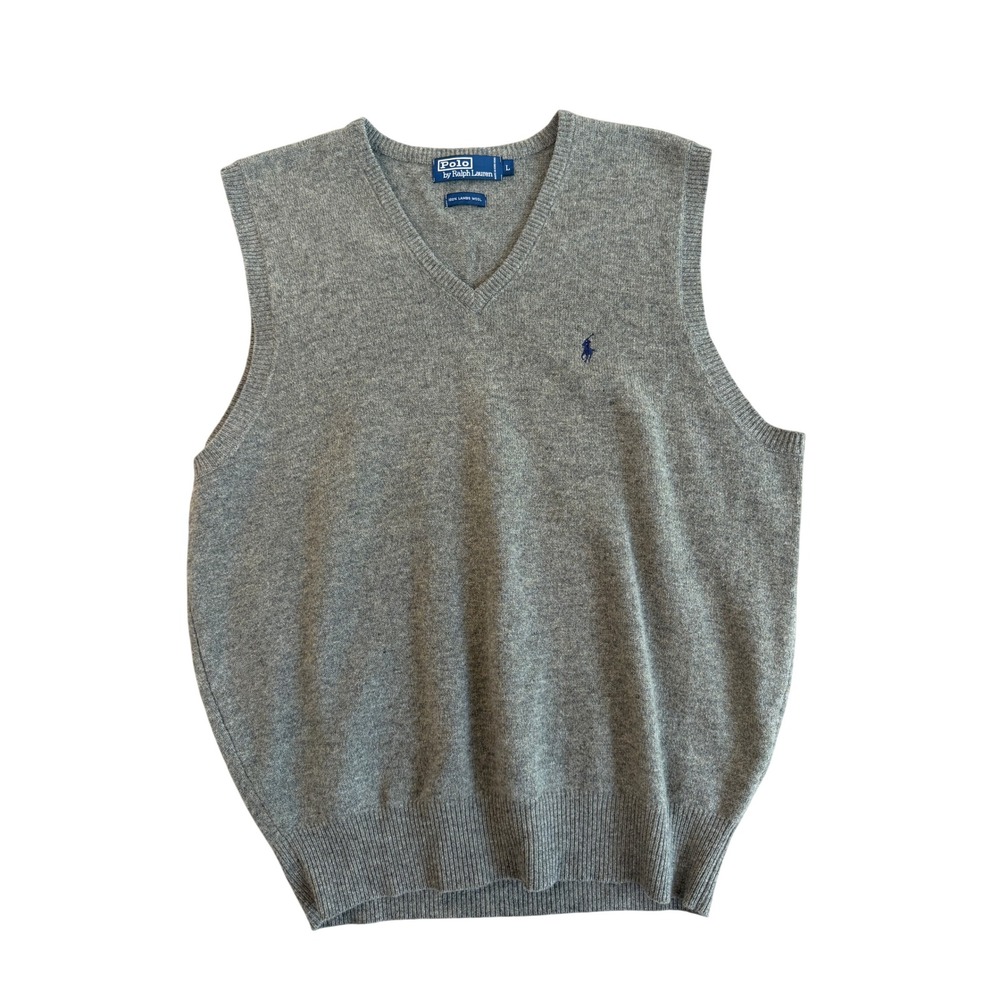 Polo Ralph Lauren Gray 100% Lambswool V-Neck Sweater Vest Mens Large Pony Vtg